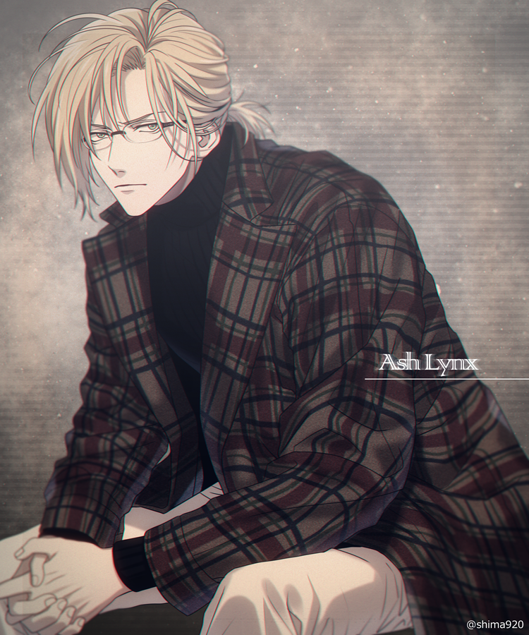 1boy ash_lynx banana_fish black_sweater blonde_hair brown_pants character_name closed_mouth commentary_request glasses green_eyes hands_clasped interlocked_fingers jacket looking_at_viewer male_focus mashima_shima open_clothes open_jacket own_hands_together pants plaid_jacket serious short_hair sitting solo sweater twitter_username