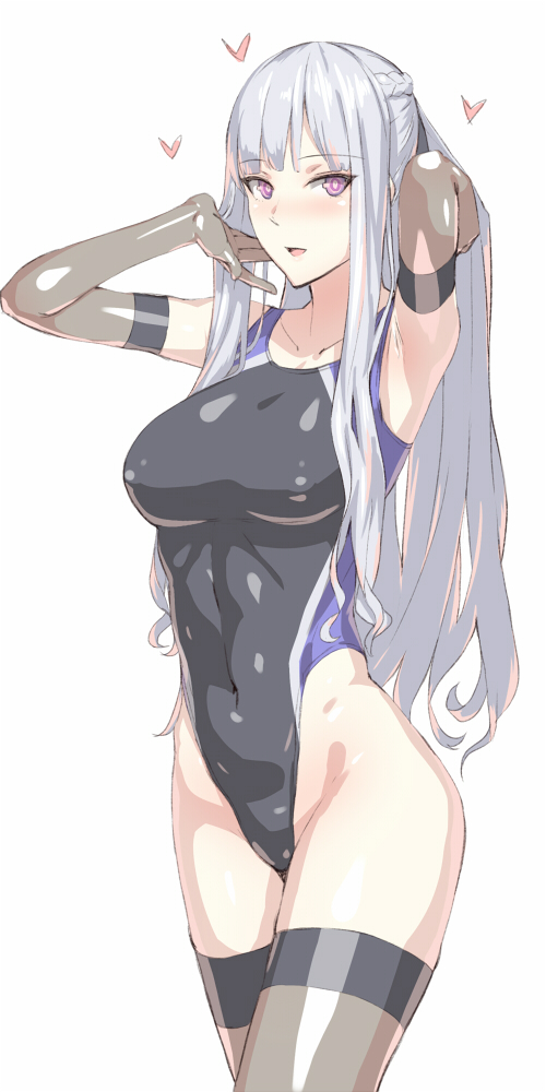 1girl ak-12_(girls_frontline) black_gloves black_legwear black_swimsuit breasts character_request closed_eyes collarbone commentary_request competition_swimsuit copyright_request covered_navel cowboy_shot elbow_gloves girls_frontline gloves highleg highleg_swimsuit kageshio_(276006) long_hair looking_at_viewer medium_breasts one-piece_swimsuit silver_hair simple_background solo standing swimsuit thigh-highs violet_eyes white_background