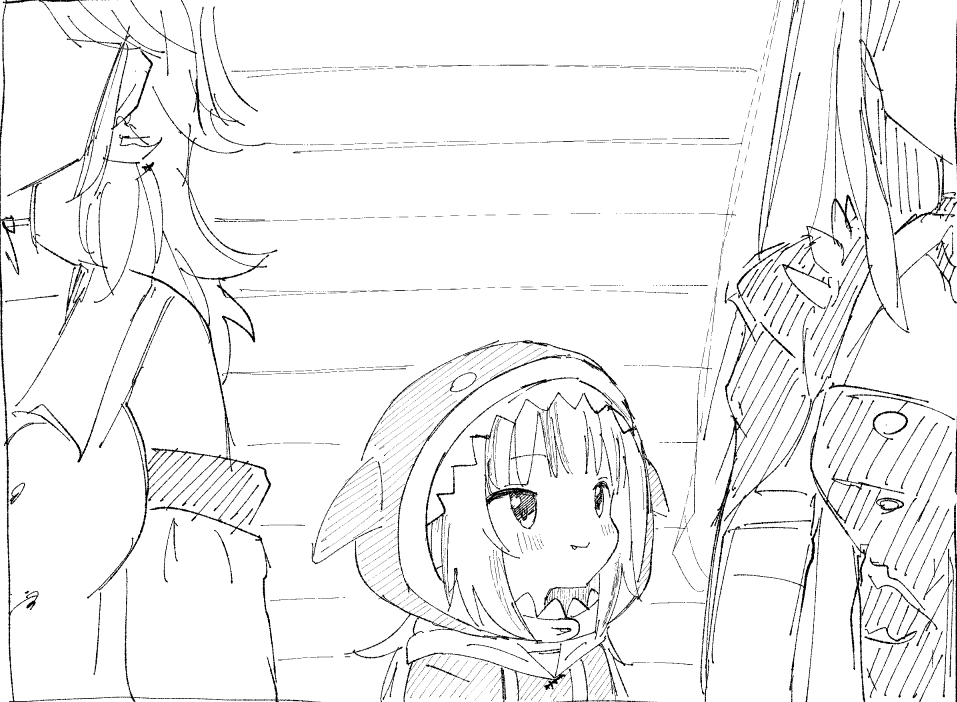 3girls bangs blush detached_sleeves eyebrows_visible_through_hair fins gawr_gura greyscale hololive hololive_english hood hoodie long_hair looking_to_the_side medium_hair monochrome mori_calliope multiple_girls shark_costume size_difference smile solo_focus spikes takanashi_kiara upper_body vanilla_itachi