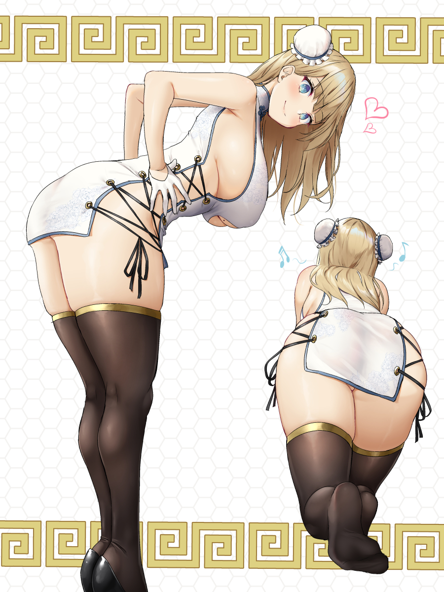 1girl ass bangs bare_shoulders bent_over black_legwear blonde_hair blue_eyes blush breasts bun_cover china_dress chinese_clothes cleavage_cutout closed_mouth cross-laced_clothes double_bun dress gloves half_gloves highres large_breasts long_hair looking_at_viewer mole mole_on_breast multiple_views musical_note oekakizuki original pelvic_curtain sideboob smile thigh-highs thighs white_gloves