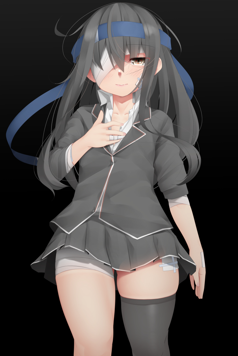 1girl bandage_over_one_eye bandaged_arm bandaged_fingers bandaged_hand bandaged_leg bandages bangs black_background black_hair black_jacket black_legwear black_skirt blue_headwear blush closed_mouth eyebrows_visible_through_hair grey_eyes hand_on_own_chest hatsushimo_(kantai_collection) headband highres jacket kantai_collection long_hair ne_an_ito pleated_skirt remodel_(kantai_collection) shirt simple_background single_thighhigh skirt solo thigh-highs white_shirt