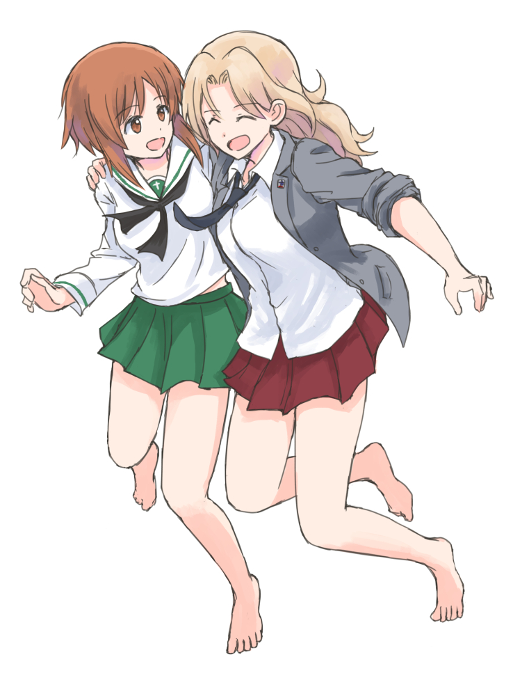 2girls arm_around_shoulder bangs barefoot black_neckwear blonde_hair blouse brown_eyes brown_hair closed_eyes collared_blouse commentary emblem eyebrows_visible_through_hair girls_und_panzer green_skirt hair_intakes jacket kay_(girls_und_panzer) long_hair long_sleeves looking_at_another loose_necktie miniskirt multiple_girls mutsu_(layergreen) neckerchief necktie nishizumi_miho ooarai_school_uniform open_clothes open_jacket open_mouth pleated_skirt sailor_collar saunders_school_uniform school_uniform serafuku short_hair side-by-side simple_background skirt sleeves_rolled_up smile white_background white_blouse white_sailor_collar