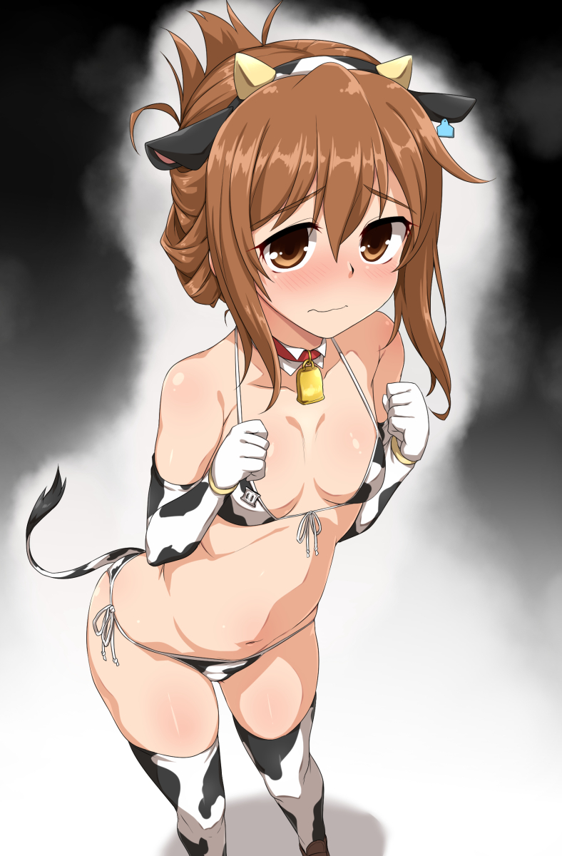 1girl animal_ears animal_print bikini blush breasts brown_eyes brown_hair commentary_request cow_ears cow_girl cow_horns cow_print cow_tail elbow_gloves embarrassed feet_out_of_frame folded_ponytail gloves highres horns inazuma_(kantai_collection) kantai_collection long_hair side-tie_bikini small_breasts solo standing swimsuit tail thigh-highs yoshi_tama