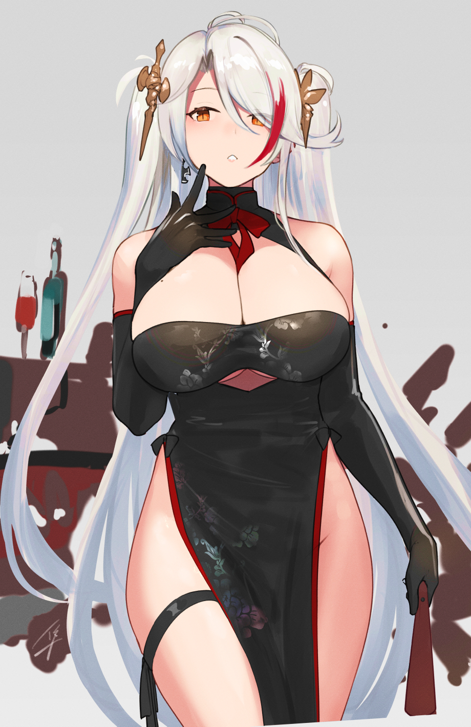 1girl antenna_hair azur_lane bangs black_dress blush breasts china_dress chinese_clothes cross cross_earrings dress earrings elbow_gloves gloves groin hair_between_eyes hair_ornament hayabusa highres holding index_finger_raised iron_cross jewelry large_breasts long_hair looking_at_viewer multicolored_hair parted_lips pelvic_curtain prinz_eugen_(azur_lane) redhead sidelocks silver_hair solo streaked_hair swept_bangs thigh_strap thighs two_side_up under_boob underboob_cutout very_long_hair