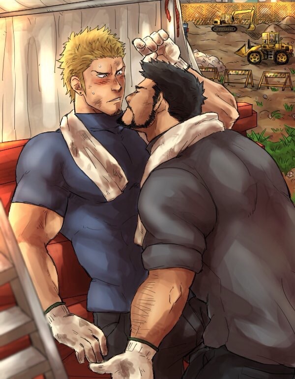 2boys bara black_hair blonde_hair blush body_hair bulge chest chun_(luxtan) dirty dirty_clothes facial_hair gloves goatee imminent_kiss male_focus manly multiple_boys muscle original shirt short_hair sideburns tight_shirt towel upper_body white_gloves yaoi