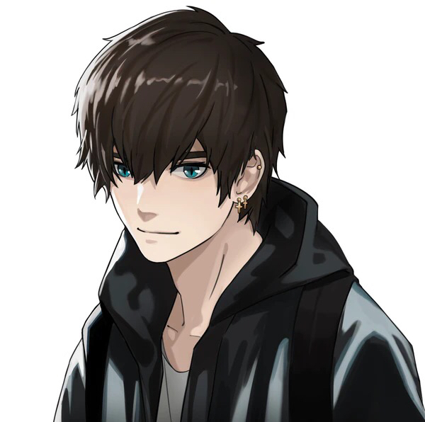 1boy aqua_eyes bangs black_jacket brown_hair closed_mouth collarbone commentary_request cross cross_earrings ear_piercing earrings face hair_between_eyes himmel_(allsky83) jacket jewelry looking_at_viewer male_focus open_clothes original piercing shirt short_hair simple_background slit_pupils smile solo upper_body white_background white_shirt