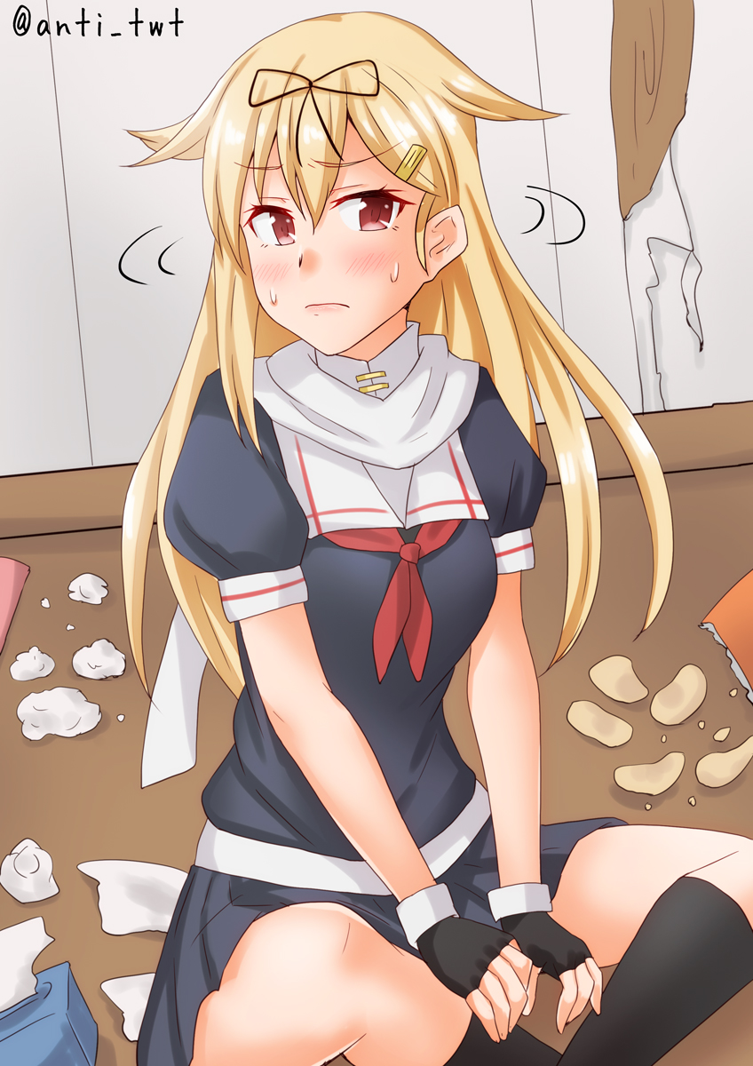 1girl anti_(untea9) black_ribbon black_serafuku black_skirt blonde_hair chips commentary_request food full_body hair_flaps hair_ornament hair_ribbon hairclip highres indian_style kantai_collection long_hair looking_at_viewer messy_room neckerchief pleated_skirt potato_chips red_eyes red_neckwear remodel_(kantai_collection) ribbon sailor_collar scarf school_uniform serafuku sitting skirt solo tissue_box twitter_username white_sailor_collar white_scarf yuudachi_(kantai_collection)