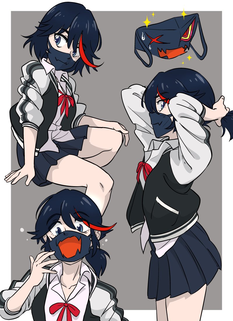 1girl alternate_costume alternate_hairstyle bangs black_hair black_jacket black_skirt blue_eyes border centinel303 collarbone collared_shirt commentary eyebrows_visible_through_hair fang from_side grey_background hand_up hands_up invisible_chair jacket kill_la_kill looking_at_viewer mask matoi_ryuuko miniskirt mouth_mask multicolored_hair multiple_views open_clothes open_jacket pleated_skirt ponytail red_ribbon redhead ribbon senketsu shirt short_hair sitting skin_fang skirt sweat two-tone_hair tying_hair white_border white_jacket white_shirt