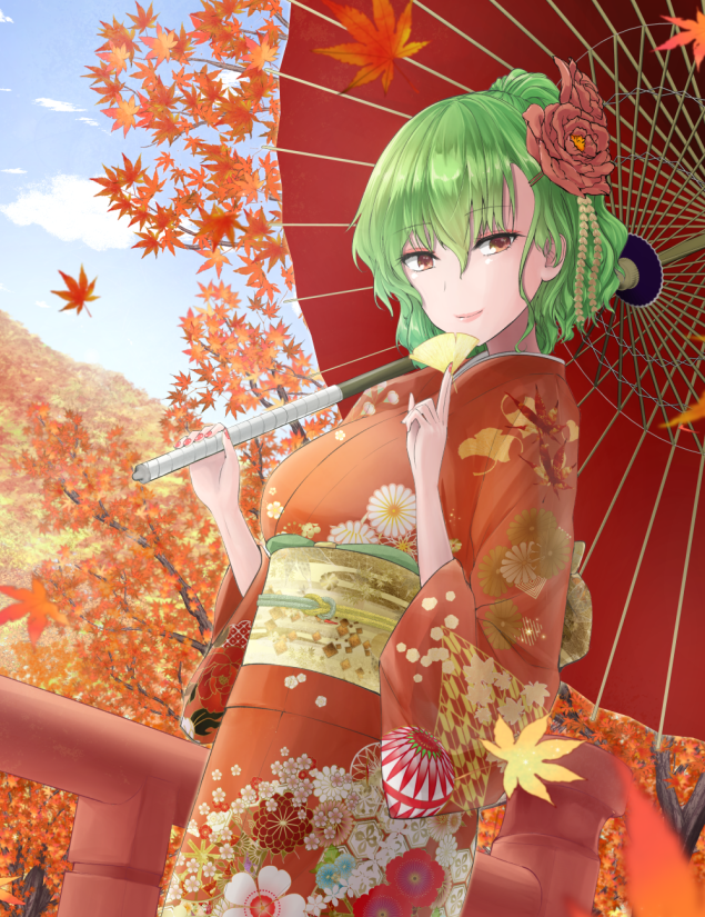 1girl alternate_costume alternate_eye_color alternate_hairstyle autumn_leaves bangs blue_sky brown_eyes closed_mouth clouds day dutch_angle floral_print flower flower_request forest green_hair hair_flower hair_ornament hair_up hairclip high_ponytail holding holding_umbrella japanese_clothes kazami_yuuka kimono leaf lips looking_at_viewer maple_leaf mountain nature obi oriental_umbrella outdoors pink_lips red_umbrella reflective_eyes sash scenery shiny shiny_hair shiny_skin sky smile solo touhou umbrella y2