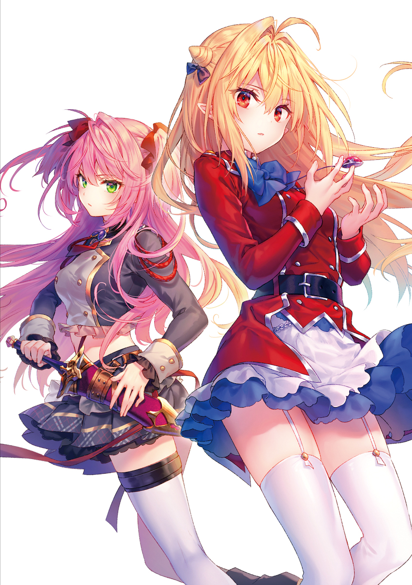 2girls ahoge belt belt_buckle blonde_hair breasts brown_eyes buckle character_request commentary_request cover cover_page eyebrows_visible_through_hair green_eyes hair_between_eyes highres hikikomari_kyuuketsuki_no_monmon jewelry long_hair long_sleeves looking_at_viewer miniskirt multiple_girls necklace official_art pink_hair pointy_ears riichu sheath sheathed skirt small_breasts sword thigh-highs weapon zettai_ryouiki