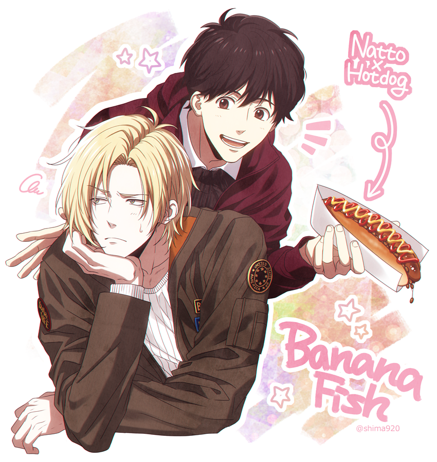 2boys :d arrow_(symbol) ash_lynx banana_fish bangs black_hair blonde_hair brown_eyes brown_jacket chin_rest closed_mouth collared_shirt commentary_request copyright_name dripping food frown green_eyes holding holding_food hot_dog jacket light_blush looking_at_another looking_away male_focus mashima_shima multiple_boys nattou notice_lines okumura_eiji open_clothes open_jacket open_mouth outline red_jacket shirt short_hair smile squiggle star_(symbol) sweater teeth twitter_username white_background white_outline white_shirt white_sweater