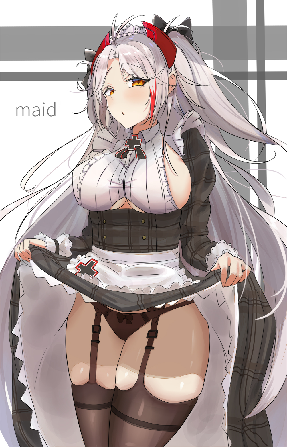 1girl :o antenna_hair azur_lane bangs black_panties blush bow breasts brown_eyes dress dress_lift eyebrows_visible_through_hair frills garter_straps hair_bow headgear highres iron_cross kinjinhzj large_breasts lifted_by_self long_hair long_sleeves looking_at_viewer maid maid_headdress multicolored_hair panties prinz_eugen_(azur_lane) redhead ribbon sideboob silver_hair skindentation smile solo streaked_hair thigh-highs thighs two_side_up underboob_cutout underwear very_long_hair