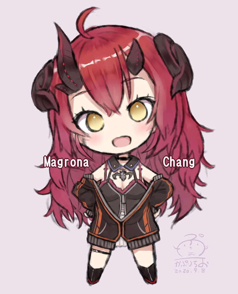 1girl :d ahoge bangs black_camisole black_jacket black_legwear blush breasts brown_background brown_eyes camisole capriccio character_name chibi commentary_request curled_horns dated demon_horns eyebrows_visible_through_hair full_body hair_between_eyes hands_on_hips head_tilt horns jacket long_hair long_sleeves looking_at_viewer magrona magrona_channel off_shoulder open_clothes open_jacket open_mouth redhead signature simple_background sleeves_past_wrists small_breasts smile socks solo standing very_long_hair virtual_youtuber