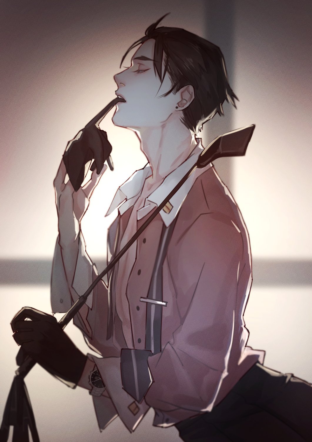 1boy black_gloves black_hair closed_eyes earrings fugou_keiji_balance:unlimited gloves highres indoors jewelry kanbe_daisuke male_focus mouth_hold riding_crop sayuuhiro solo standing stud_earrings suspenders
