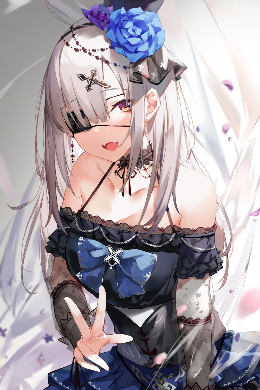 1girl :d ahoge bangs bare_shoulders blush breasts choker collarbone cross_hair_ornament dress earrings eyes_visible_through_hair flower gothic_lolita hair_flower hair_ornament hair_over_one_eye highres jewelry large_breasts lolita_fashion long_hair looking_at_viewer nijisanji open_mouth sidelocks silver_hair smile solo sukoya_kana suzuame_yatsumi v violet_eyes virtual_youtuber x_hair_ornament