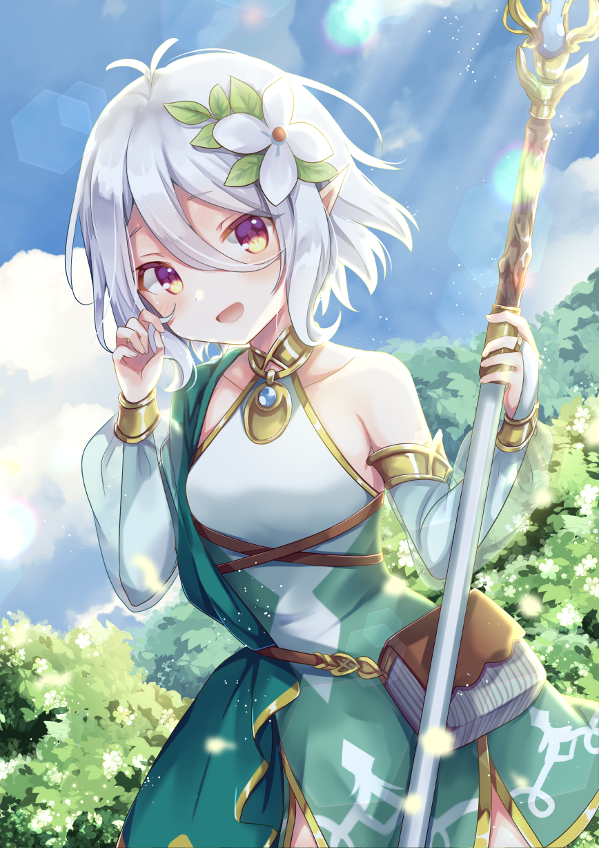 1girl :d antenna_hair bangs bare_shoulders blue_sky blush breasts bridal_gauntlets clouds collarbone commentary_request day detached_sleeves dress eyebrows_visible_through_hair flower gomano_rio green_dress hair_between_eyes hair_flower hair_ornament hands_up highres holding holding_staff kokkoro_(princess_connect!) long_sleeves looking_at_viewer open_mouth outdoors pointy_ears princess_connect! princess_connect!_re:dive puffy_long_sleeves puffy_sleeves red_eyes see-through see-through_sleeves short_hair silver_hair sky sleeveless sleeveless_dress small_breasts smile solo staff tree white_flower