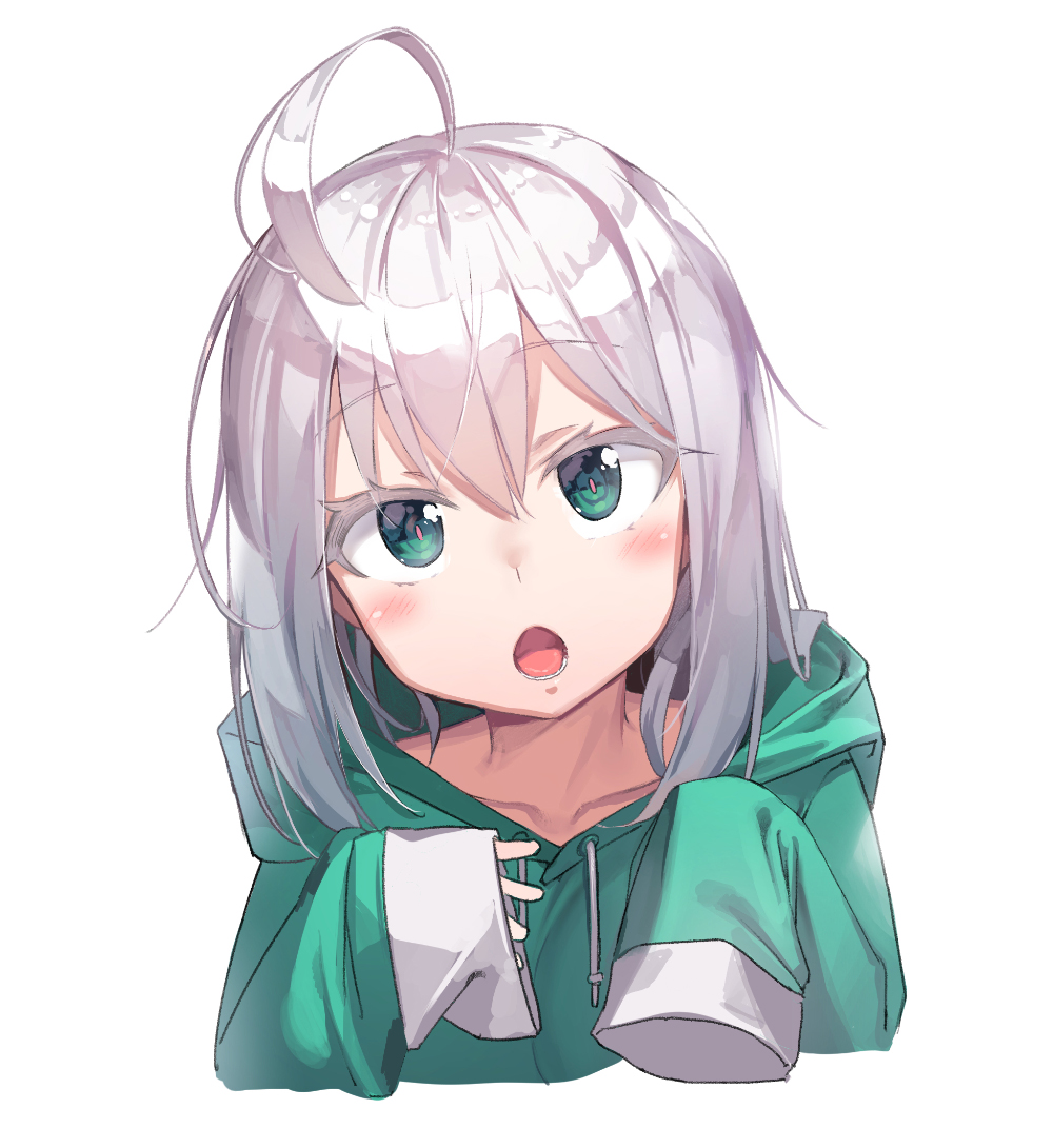 1girl :o ahoge bangs blush cropped_torso drawstring eyebrows_visible_through_hair green_eyes green_hoodie hair_between_eyes hood hood_down hoodie long_hair long_sleeves looking_at_viewer newey open_mouth original silver_hair simple_background sleeves_past_fingers sleeves_past_wrists solo upper_body white_background