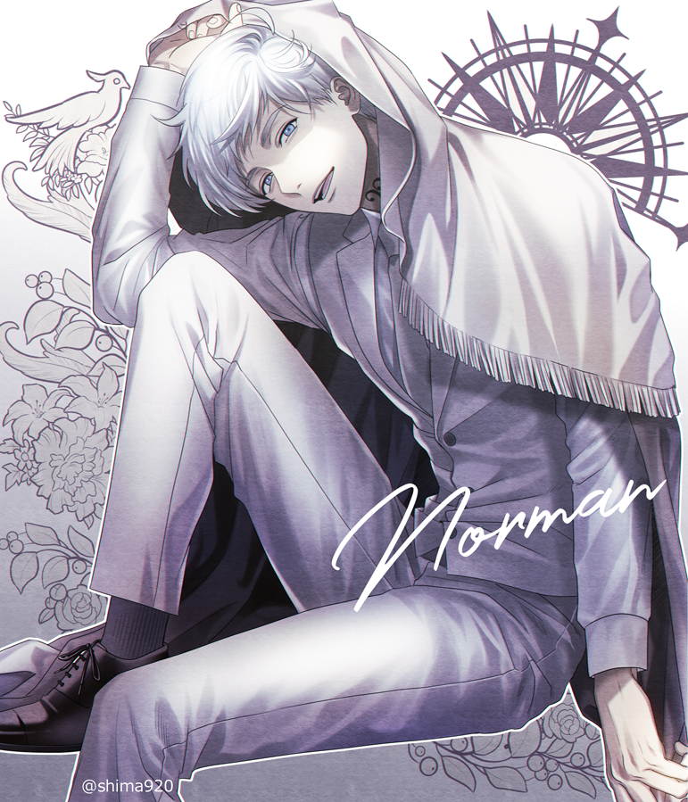 1boy bird blue_eyes character_name cloak commentary_request floral_background formal grey_legwear jacket looking_at_viewer male_focus mashima_shima neck_tattoo norman_(yakusoku_no_neverland) open_mouth outline pants shoes short_hair sitting smile socks solo suit tattoo twitter_username upper_teeth white_cloak white_hair white_jacket white_outline white_pants white_suit yakusoku_no_neverland