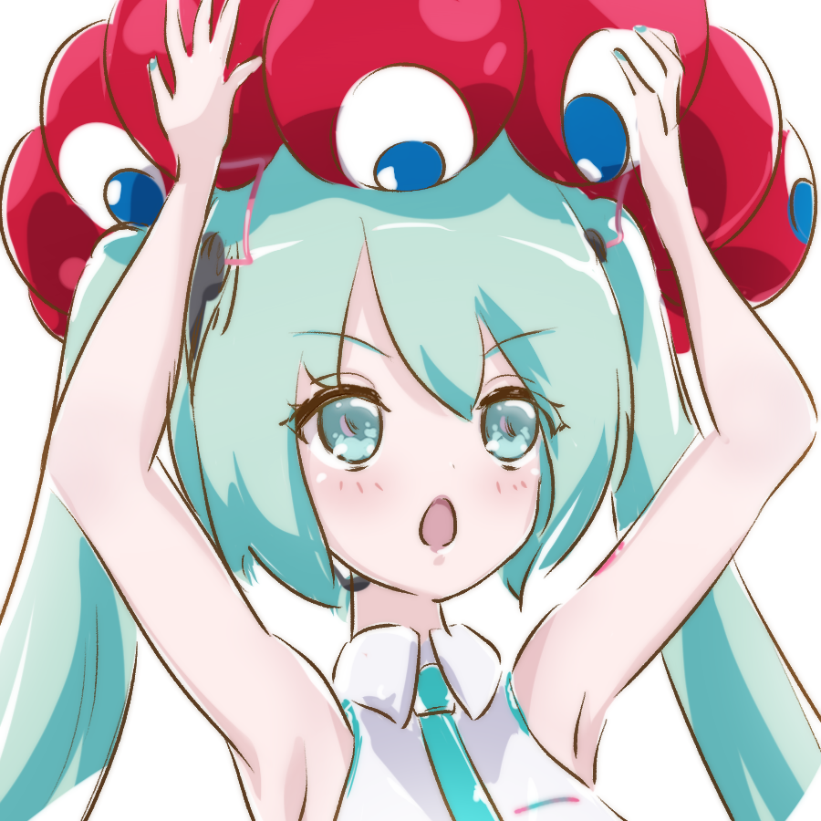 aqua_eyes aqua_hair aqua_nails aqua_neckwear armpits bare_shoulders commentary expo2025 eyes hair_ornament hands_up hatsune_miku hatsune_miku_(vocaloid4) headset inochi-no-kagayaki long_hair looking_at_another nail_polish necktie on_head open_mouth shio_kaze_(user_emuf8325) shirt shoulder_tattoo sketch sleeveless sleeveless_shirt tattoo twintails upper_body v4x very_long_hair vocaloid white_background white_shirt