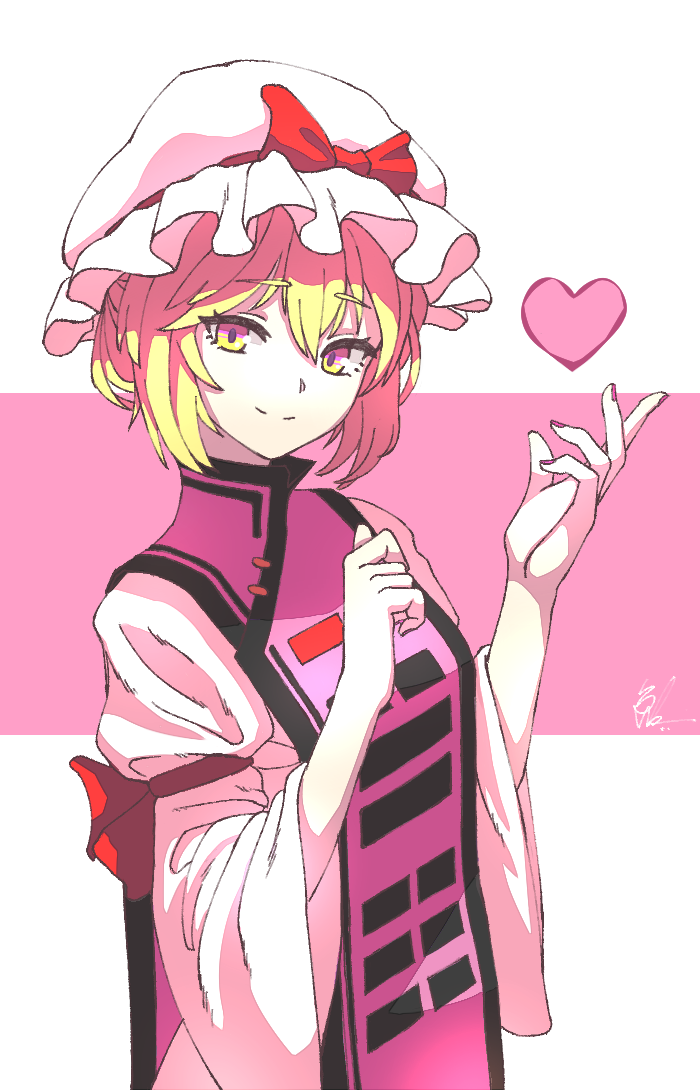 1641_(chfhrtor94) 1girl blonde_hair bow commentary_request dress eyebrows_visible_through_hair hands_up hat hat_bow heart korean_commentary looking_at_viewer mob_cap pink_background pink_nails red_bow short_hair signature smile solo tabard touhou upper_body white_dress white_headwear wide_sleeves yakumo_yukari yellow_eyes