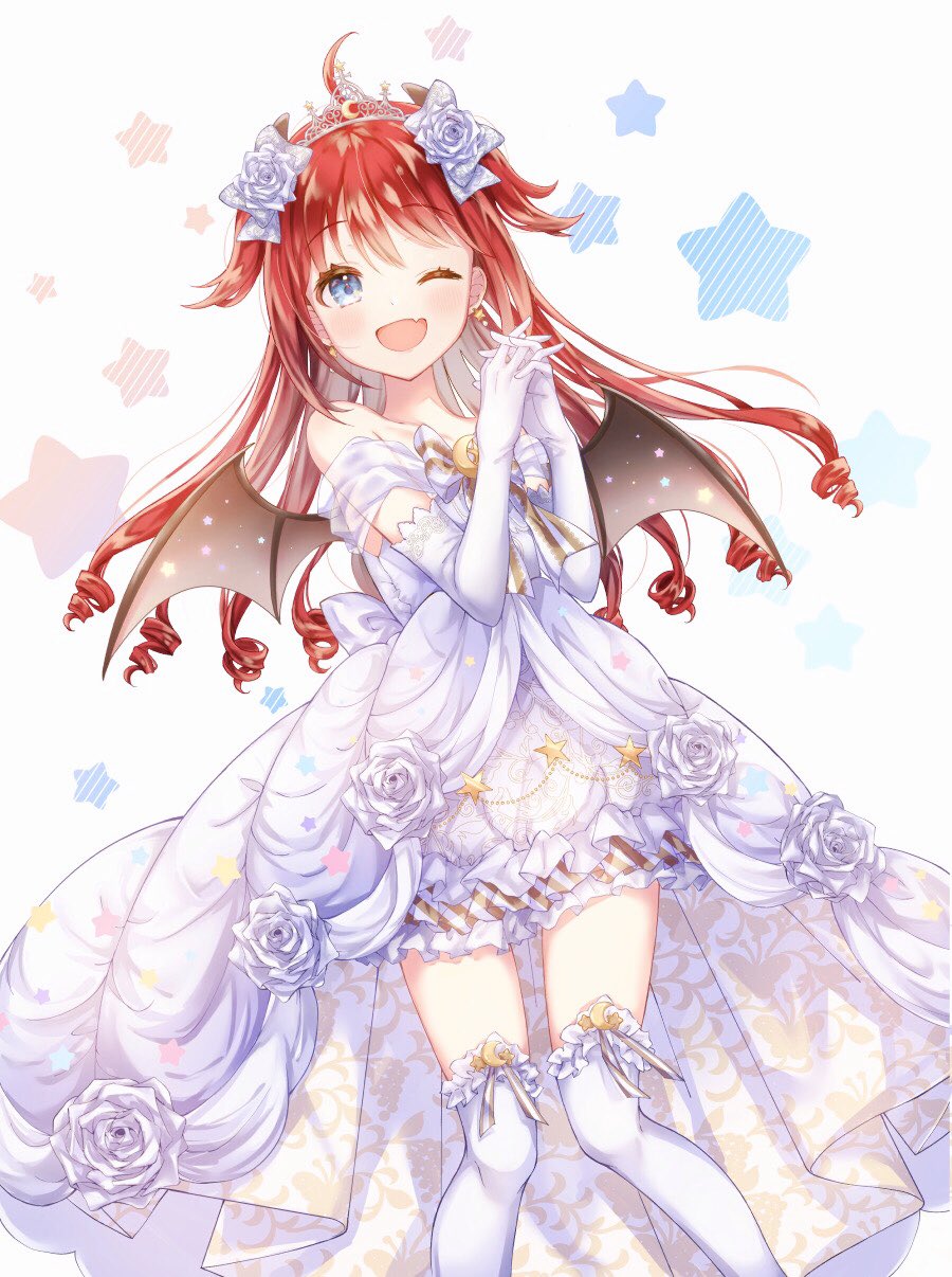 1girl ;d bare_shoulders bat_wings blush bow commentary_request demon_girl demon_horns dress drill_hair earrings elbow_gloves eyebrows_visible_through_hair fang flower gloves hands_clasped happy highres horns jewelry long_hair looking_at_viewer nijisanji off-shoulder_dress off_shoulder one_eye_closed open_mouth own_hands_together redhead rose simple_background skin_fang smile solo star_(symbol) star_earrings syunmin_n000 thigh-highs virtual_youtuber white_background white_dress white_flower white_gloves white_legwear white_rose wings yuzuki_roa
