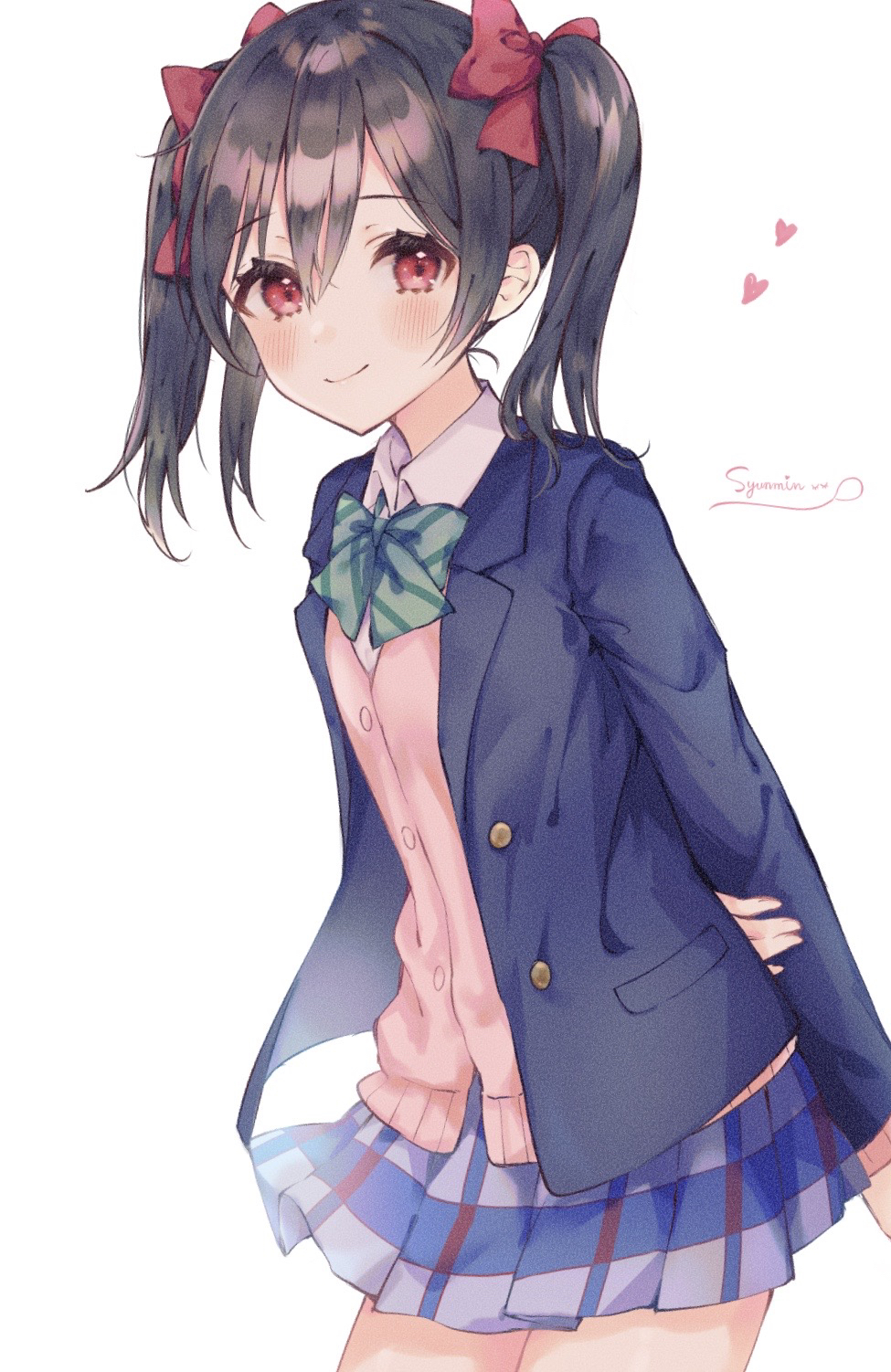 1girl black_hair blush bow bowtie buttons closed_mouth collared_shirt commentary_request cowboy_shot green_neckwear hair_between_eyes heart highres jacket looking_at_viewer love_live! love_live!_school_idol_project pleated_skirt red_eyes shirt signature simple_background skirt smile solo standing syunmin_n000 twintails white_background yazawa_nico