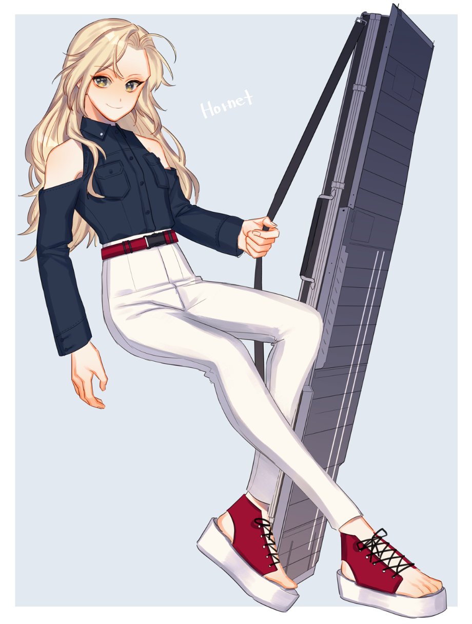 1girl alternate_costume bare_shoulders black_shirt blonde_hair blue_background border breasts character_name flight_deck full_body grey_eyes gun_case highres hornet_(kantai_collection) kantai_collection large_breasts long_hair long_sleeves looking_at_viewer pants red_footwear shirt shoes sneakers solo su_konbu two-tone_background white_border white_pants
