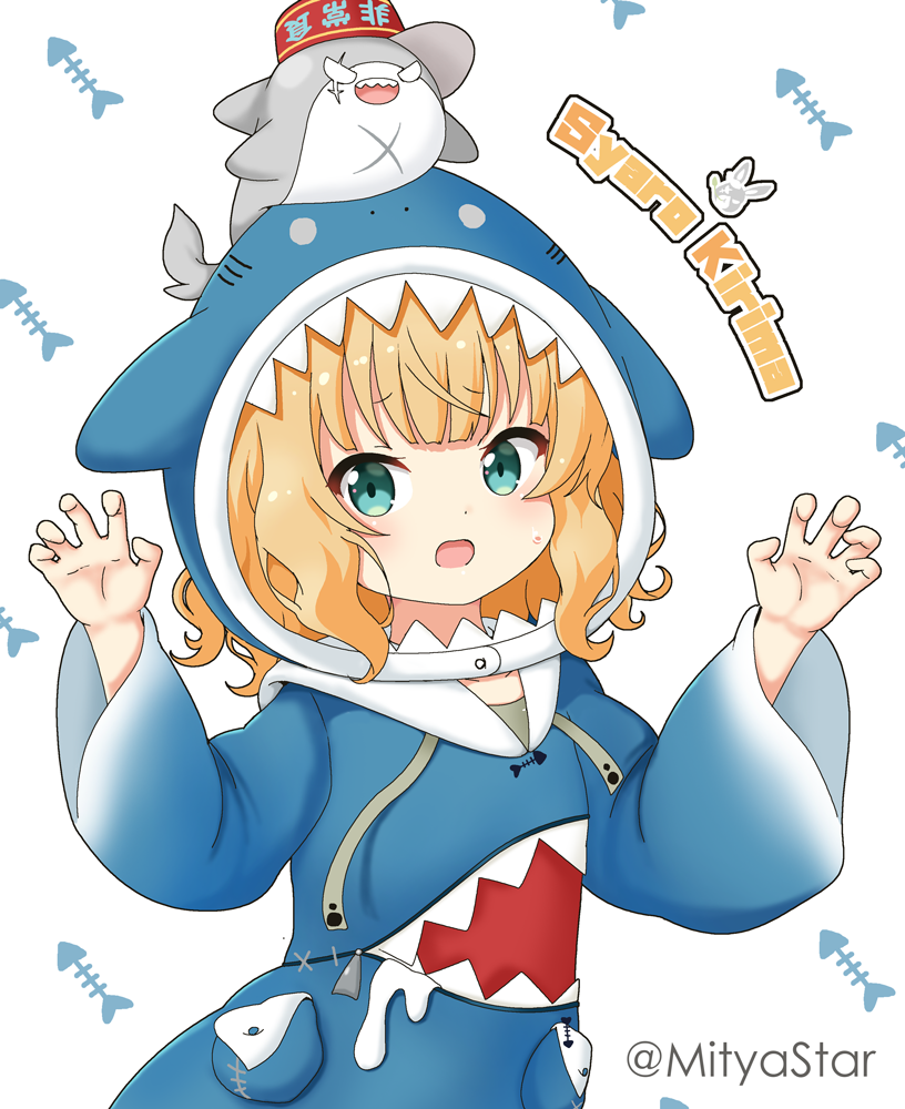 1girl bangs blonde_hair bloop_(gawr_gura) blue_hoodie blue_nails character_name claw_pose commentary cosplay drawstring eyebrows_visible_through_hair fish_bone gawr_gura gawr_gura_(cosplay) gochuumon_wa_usagi_desu_ka? green_eyes hands_up hololive hololive_english hood hood_up hoodie kirima_sharo long_hair long_sleeves looking_at_viewer miicha on_head open_mouth scar scar_across_eye shark_hood shark_print sharp_teeth simple_background sweat symbol_commentary teeth twitter_username virtual_youtuber white_background wide_sleeves wild_geese