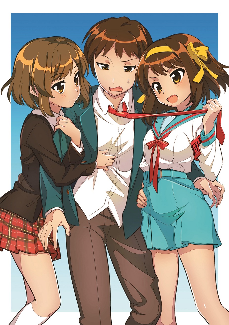 2girls arm_hug blazer brown_eyes brown_hair girl_sandwich hair_ornament hairband highres hotaru_iori jacket jealous kita_high_school_uniform kyon multiple_girls necktie necktie_grab neckwear_grab plaid plaid_skirt sandwiched school_uniform shirt skirt socks suzumiya_haruhi suzumiya_haruhi_no_yuuutsu white_legwear