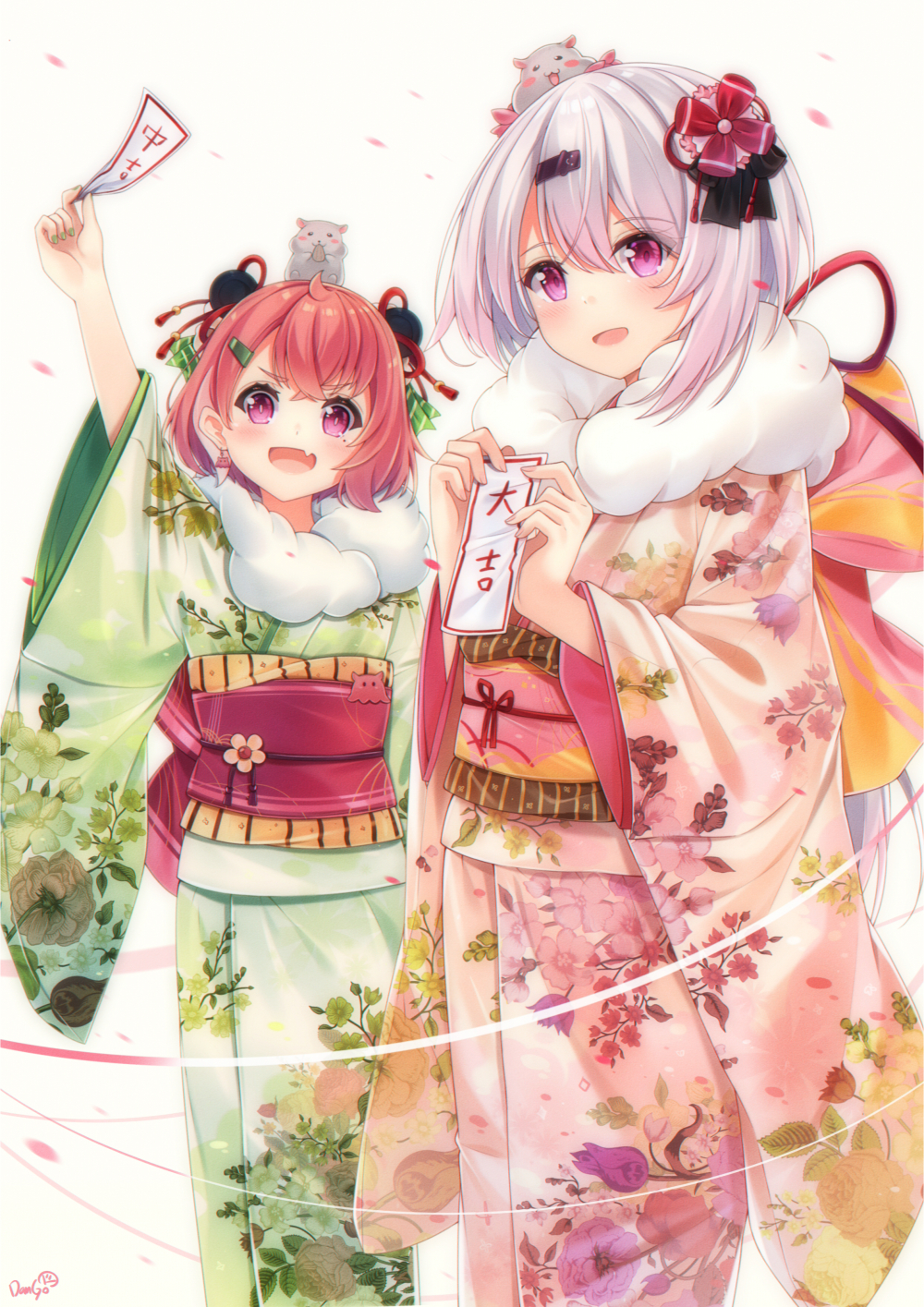 2girls alternate_costume animal_on_head arm_up commentary_request dango_remi fang flower hair_flower hair_ornament hairclip hamster happy_new_year highres japanese_clothes kimono long_hair looking_at_viewer mole mole_under_eye multiple_girls nengajou new_year nijisanji on_head open_mouth petals pink_eyes pink_hair sasaki_saku shiina_yuika simple_background white_background