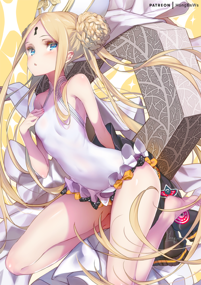 1girl abigail_williams_(fate/grand_order) abigail_williams_(swimsuit_foreigner)_(fate) bangs bare_shoulders black_bow blonde_hair blue_eyes bow braid braided_bun breasts casual_one-piece_swimsuit commentary_request double_bun dress_swimsuit fate/grand_order fate_(series) forehead hong_(white_spider) long_hair mitre multiple_bows one-piece_swimsuit orange_bow parted_bangs sidelocks small_breasts swimsuit twintails very_long_hair white_headwear white_swimsuit