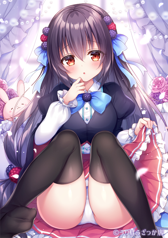 1girl :o bangs black_hair black_legwear black_shirt blackberry-chan blackberry_(fruit) blackberry_hair_ornament blue_bow blurry blurry_background blush bow brown_eyes collared_shirt commentary_request curtains depth_of_field eyebrows_visible_through_hair flower food food_themed_hair_ornament frilled_skirt frills fruit hair_between_eyes hair_ornament juliet_sleeves knees_together_feet_apart knees_up lifted_by_self long_hair long_sleeves looking_at_viewer mitsuba_choco no_shoes original panties parted_lips pink_flower pink_rose pleated_skirt puffy_long_sleeves puffy_sleeves purple_flower purple_rose raspberry raspberry_hair_ornament red_skirt rose shirt short_over_long_sleeves short_sleeves skirt skirt_lift soles solo thigh-highs underwear very_long_hair white_panties white_shirt window