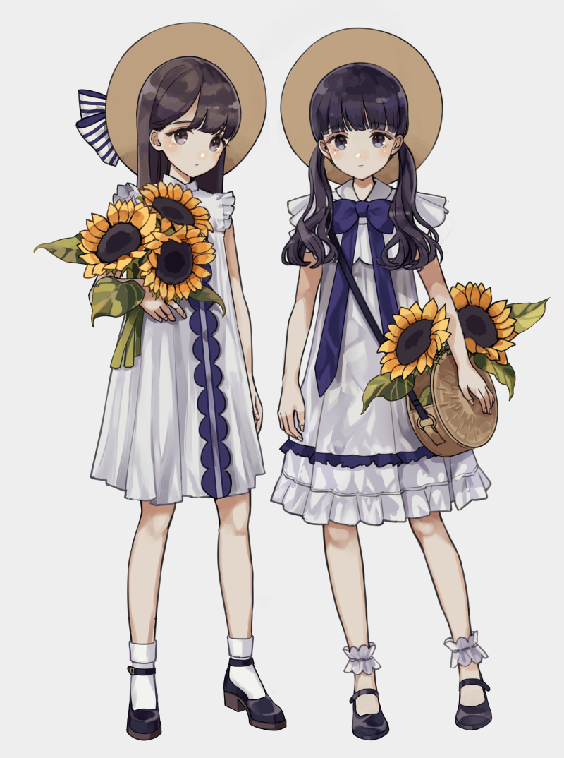 2girls bag bangs black_footwear black_hair blue_bow blue_eyes blush bow brown_headwear closed_mouth commentary_request dress eyebrows_visible_through_hair flower grey_background grey_eyes hat hat_bow holding holding_flower kashiwagi_chisame long_hair looking_at_viewer multiple_girls original shoes shoulder_bag simple_background sleeveless sleeveless_dress socks standing striped striped_bow sun_hat sunflower twintails white_dress white_legwear yellow_flower