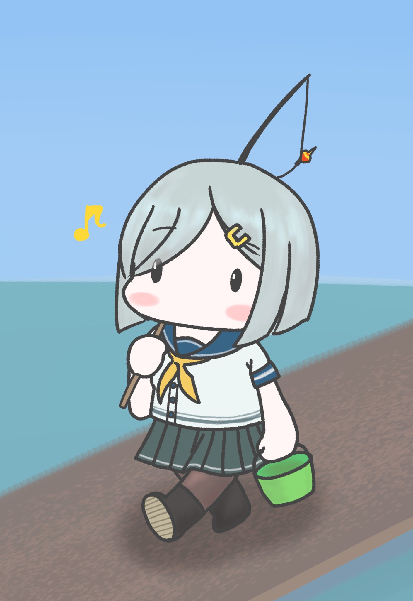 1girl black_footwear black_legwear blue_sky blush_stickers boots bucket chibi day dock eighth_note fishing_rod grey_sailor_collar grey_skirt hair_ornament hair_over_one_eye hairclip hamakaze_(kantai_collection) highres horizon johnny_(sibatay) kantai_collection musical_note neckerchief no_mouth ocean outdoors pantyhose pleated_skirt rubber_boots sailor_collar school_uniform serafuku short_hair short_sleeves silver_hair skirt sky solo yellow_neckwear