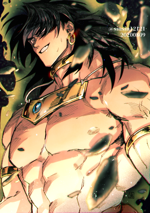 1boy armlet black_hair broly choker dated dragon_ball dragon_ball_z earrings glowing grin hair_over_one_eye hoop_earrings jewelry long_hair male_focus muscle necklace rubble shirtless signature sinsin12121 smile solo twitter_username upper_body