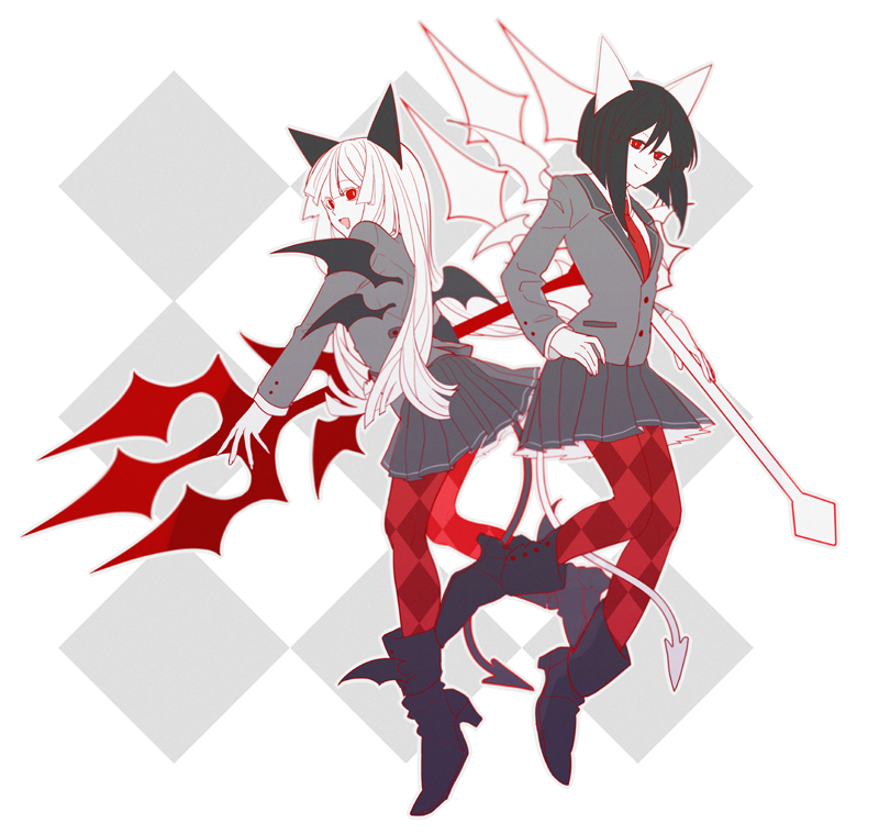 2girls animal_ears arbus ater boots cat_ears demon_girl demon_tail demon_wings formal grey_skirt haiiro_teien hand_on_hip high_heel_boots high_heels holding holding_weapon itariadoitsu looking_at_viewer multiple_girls necktie open_mouth pantyhose red_eyes red_legwear siblings sisters skirt smirk suit tail weapon wings