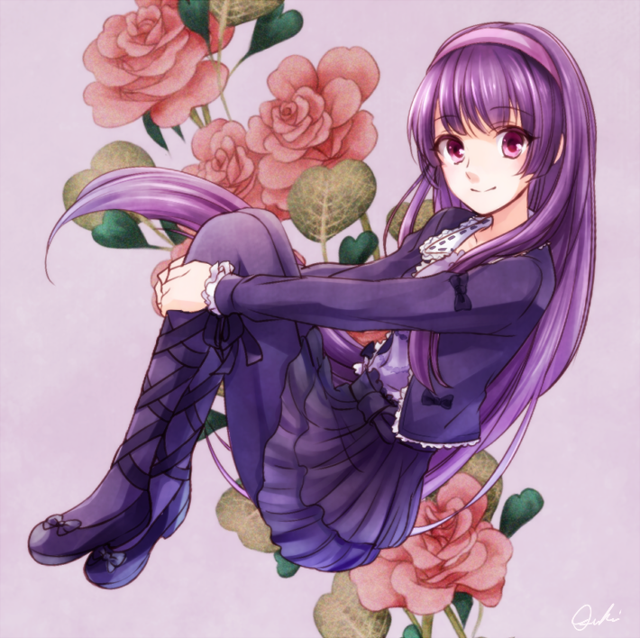 1girl artist_name black_footwear copyright_request cross-laced_footwear flower full_body hairband leg_hug long_hair looking_at_viewer purple_hair purple_hairband simple_background sitting solo t0day8 violet_eyes