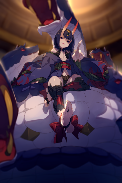 1girl :d animal bangs bare_shoulders cis05 commentary_request eyeliner fate/grand_order fate_(series) hair_ornament hikimayu horns japanese_clothes kimono looking_at_viewer makeup oni oni_horns open_mouth pointing purple_hair sash shuten_douji_(fate/grand_order) sitting smile snake solo thigh-highs