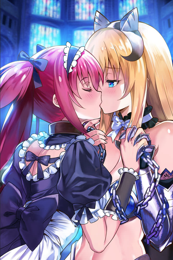 1girl 2girls airi_(queen's_blade) apron armor bangs bikini_armor black_bow black_dress blonde_hair blue_eyes bow bowtie breast_press breasts chain choker closed_mouth dress elina frills gauntlets greaves hair_bow headgear indoors kiss large_breasts leash long_hair maid maid_apron maid_headdress medium_breasts multiple_girls official_art profile puffy_short_sleeves puffy_sleeves queen's_blade queen's_blade_unlimited queen's_blade_white_triangle redhead short_sleeves sidelocks solo twintails very_long_hair weapon wrist_cuffs yuri