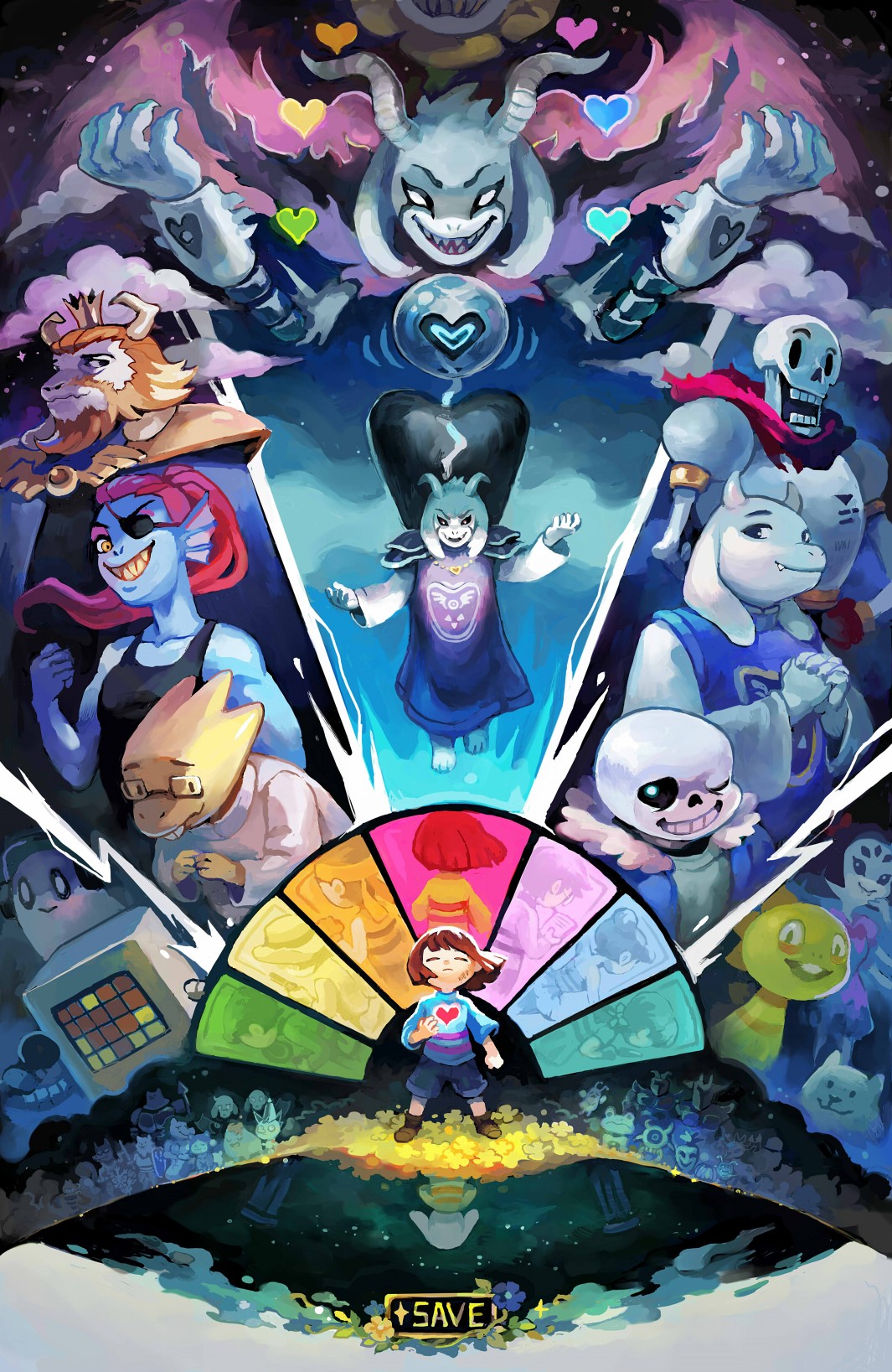 alphys asgore_dreemurr asriel_dreemurr black_sclera crown everyone evil_smile eyebrows eyeshadow fangs flowey_(undertale) frisk_(undertale) glasses goat_horns heart highres hood hoodie horns looking_at_viewer mettaton mini_crown monster_boy monster_girl monster_kid_(undertale) muffet napstablook onemegawatt papyrus_(undertale) red_eyeshadow sans scarf sharp_teeth shorts smile spoilers teeth toriel undertale undyne white_pupils