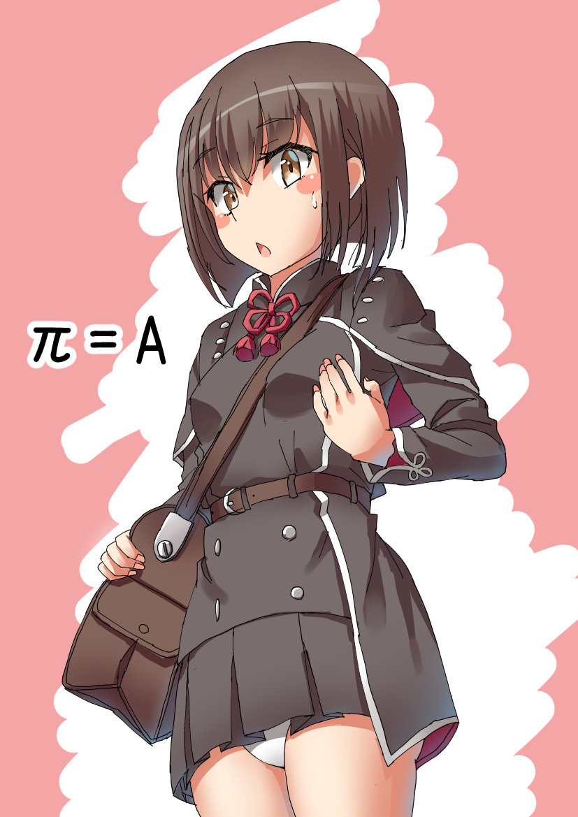 1girl bag bangs belt blush breasts brown_eyes brown_hair cosplay eyebrows_visible_through_hair kantai_collection long_sleeves mayura2002 open_mouth panties pantyshot red_neckwear shinshuu_maru_(kantai_collection) shinshuu_maru_(kantai_collection)_(cosplay) short_hair shoulder_bag simple_background skirt small_breasts solo sweat taihou_(kantai_collection) underwear white_panties