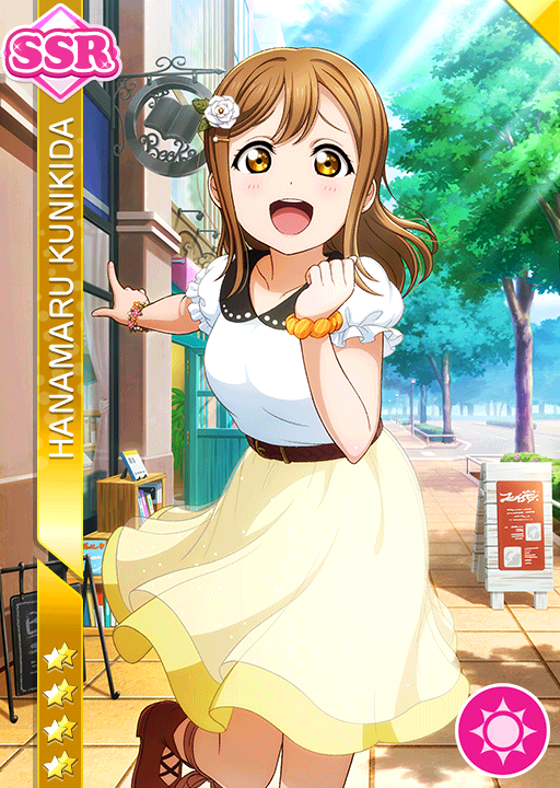 blush brown_eyes brown_hair character_name dress kunikida_hanamaru long_hair love_live!_school_idol_festival love_live!_sunshine!! smile