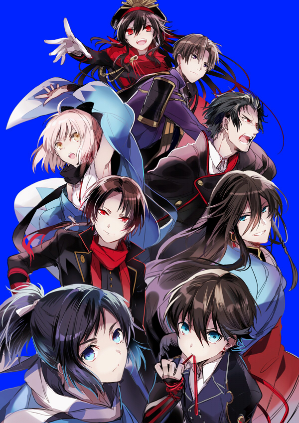 2girls 6+boys ahoge armor black_hair black_scarf blonde_hair blue_background blue_eyes bow brown_hair cape crossover earrings fate/grand_order fate_(series) hair_bow haori hat heshikiri_hasebe hijikata_toshizou_(fate/grand_order) horikawa_kunihiro izumi-no-kami_kanesada japanese_armor japanese_clothes jewelry kashuu_kiyomitsu koha-ace kote kuroemon mole mole_under_eye mole_under_mouth mouth_hold multiple_boys multiple_girls oda_nobunaga_(fate) oda_nobunaga_(fate)_(all) okita_souji_(fate) okita_souji_(fate)_(all) open_mouth red_eyes red_scarf scarf shako_cap shinsengumi shoulder_armor smile sode stud_earrings touken_ranbu violet_eyes white_scarf yamato-no-kami_yasusada yellow_eyes