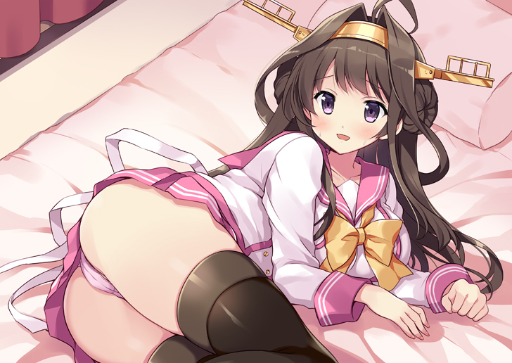 1girl ahoge bed bed_sheet black_legwear blush brown_hair collarbone double_bun hairband headgear kantai_collection kongou_(kantai_collection) long_hair long_sleeves neck_ribbon odawara_hakone open_mouth pink_sailor_collar pink_skirt pleated_skirt ribbon sailor_collar school_uniform serafuku skirt smile solo thigh-highs violet_eyes yellow_ribbon