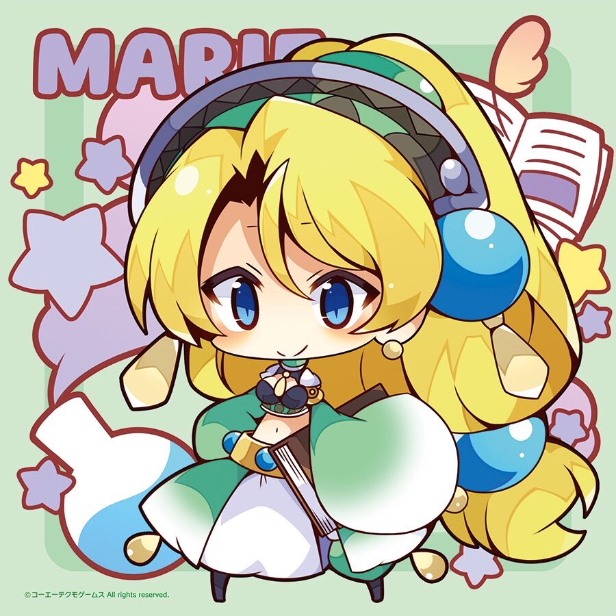 1girl atelier_(series) atelier_marie bangs blonde_hair blue_eyes blush book breasts carrying_under_arm character_name chibi closed_mouth crop_top eyebrows_visible_through_hair full_body green_background hair_between_eyes high_ponytail long_hair long_sleeves marie_(atelier) medium_breasts midriff muuran navel official_art open_book parted_bangs ponytail skirt sleeves_past_fingers sleeves_past_wrists smile solo standing starry_background two-tone_background very_long_hair white_skirt wide_sleeves