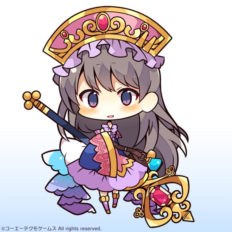 1girl atelier_(series) bangs black_hair blue_background blush character_request chibi eyebrows_visible_through_hair full_body gradient gradient_background hat holding holding_staff long_hair long_sleeves looking_at_viewer muuran official_art parted_lips pink_headwear purple_skirt skirt sleeves_past_wrists smile solo staff standing very_long_hair violet_eyes watermark white_background wide_sleeves