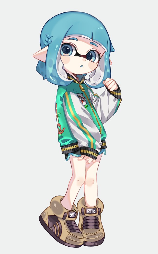 1girl aqua_eyes aqua_hair aqua_tongue bangs black_shorts blunt_bangs brown_footwear commentary dolphin_shorts domino_mask full_body green_jacket grey_background heel_up inkling jacket letterman_jacket logo long_sleeves looking_at_viewer maco_spl mask medium_hair parted_lips pointy_ears shoes shorts simple_background sneakers solo splatoon_(series) straight-laced_footwear symbol_commentary tentacle_hair zipper