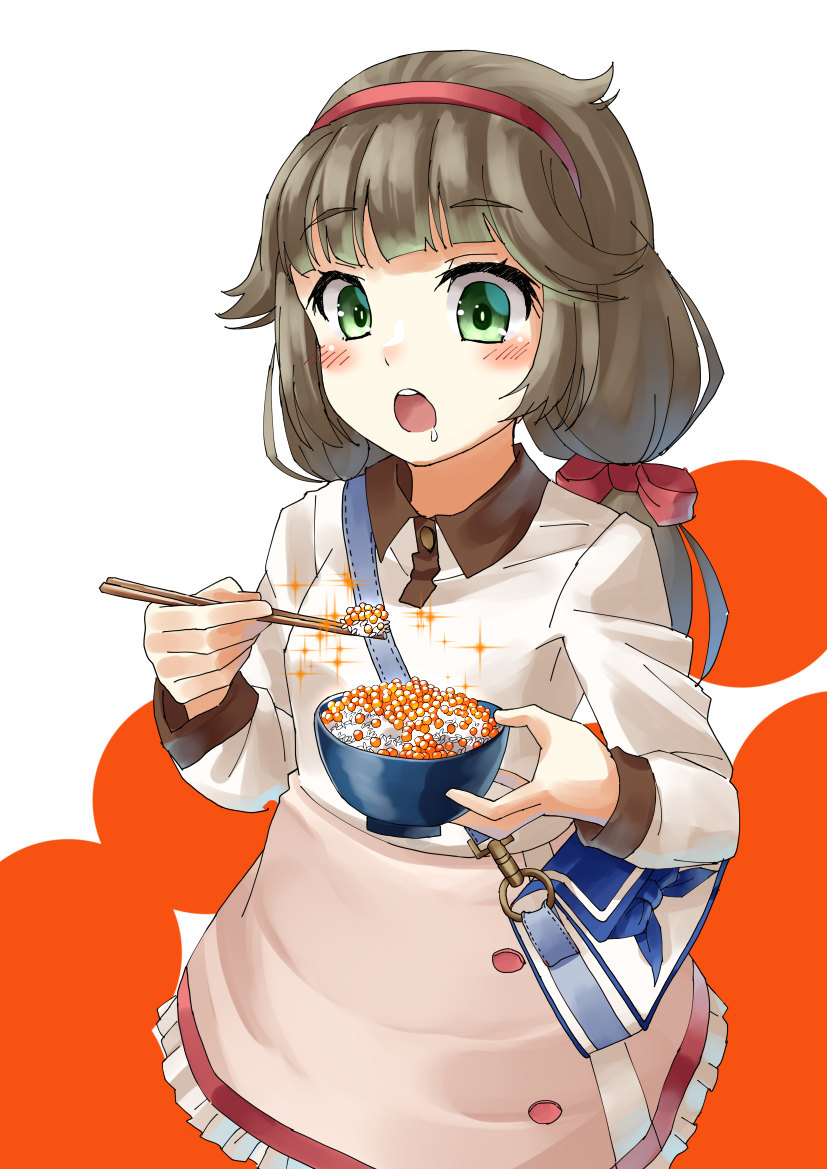 1girl alternate_costume bag bangs blush bowl brown_hair chopsticks dress drooling eating eyebrows_visible_through_hair food frilled_dress frills green_eyes hair_ribbon hairband holding holding_chopsticks holding_food ikura_(food) kantai_collection long_hair long_sleeves low_twintails mayura2002 mikura_(kantai_collection) ribbon rice rice_bowl roe saliva shoulder_bag simple_background solo twintails two-tone_background