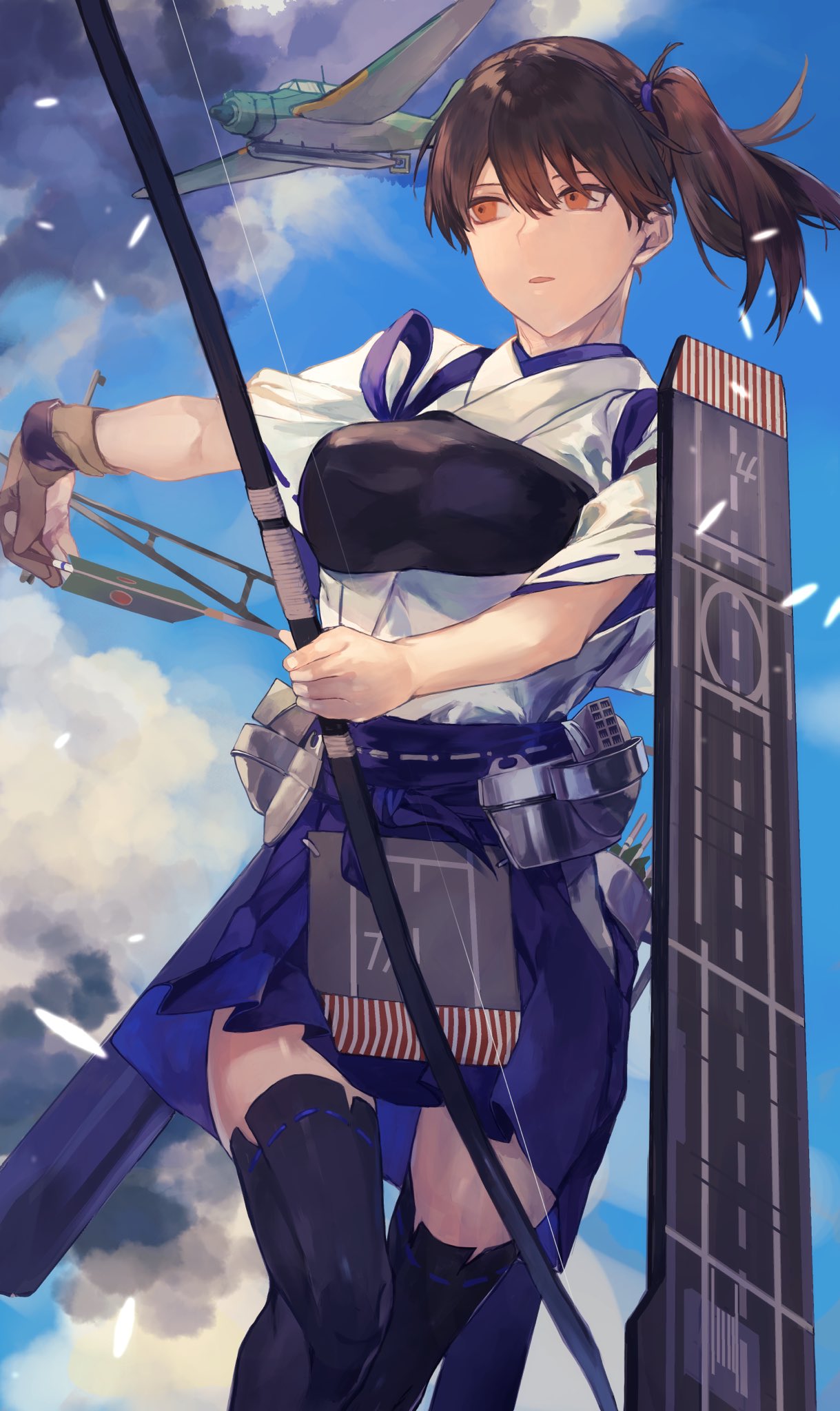 1girl aircraft aircraft_request airplane apron blue_hakama blue_sky brown_eyes brown_gloves brown_hair clouds commentary_request cowboy_shot day flight_deck fukazaki gloves hakama hakama_skirt highres japanese_clothes kaga_(kantai_collection) kantai_collection long_hair looking_to_the_side muneate outdoors partly_fingerless_gloves quiver side_ponytail single_glove sky solo tasuki thigh-highs yugake yumi_(bow)