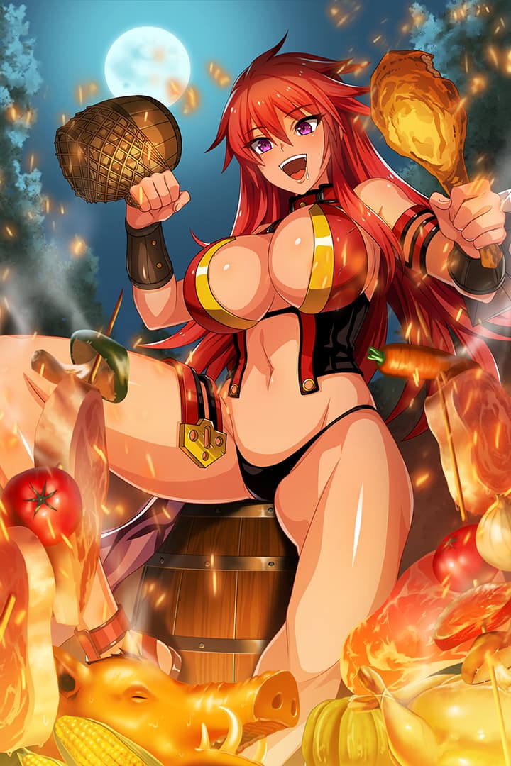 1girl arm_strap bird black_panties boar breasts carrot chicken cooking corn cup drooling eating fire food full_moon grilling hair_between_eyes highleg highleg_panties holding holding_food kebab large_breasts long_hair looking_at_viewer meat moon mug mushroom navel night official_art open_mouth panties pink_eyes queen's_blade queen's_blade_unlimited queen's_blade_white_triangle redhead revealing_clothes risty saliva sandals skewer solo spread_legs tan thighs tomato turtleneck underwear upper_teeth vambraces vegetable